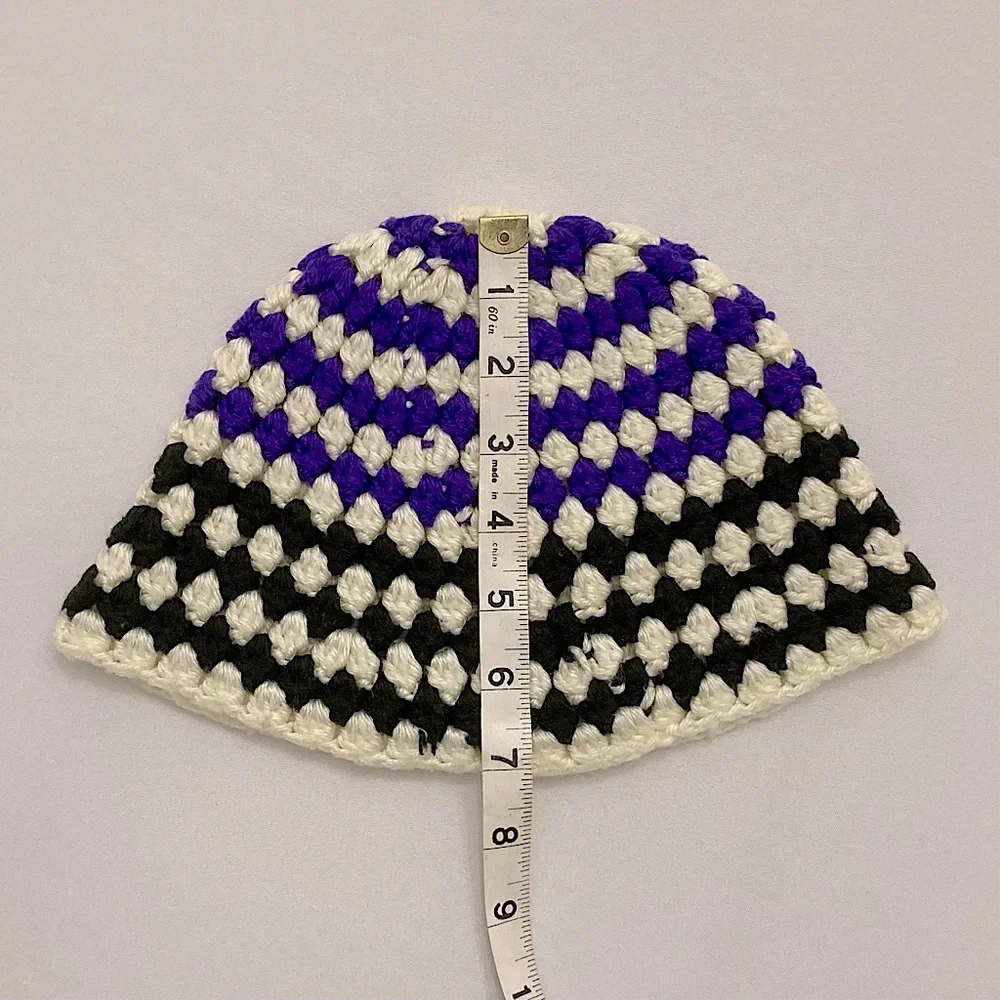 ⭐️ Vintage Hand Knit Beanie Purple Black And White Striped Winter Hat